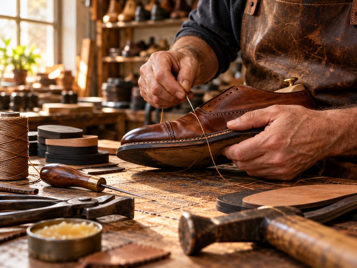 Manos de un zapatero cosiendo un zapato de piel en el taller